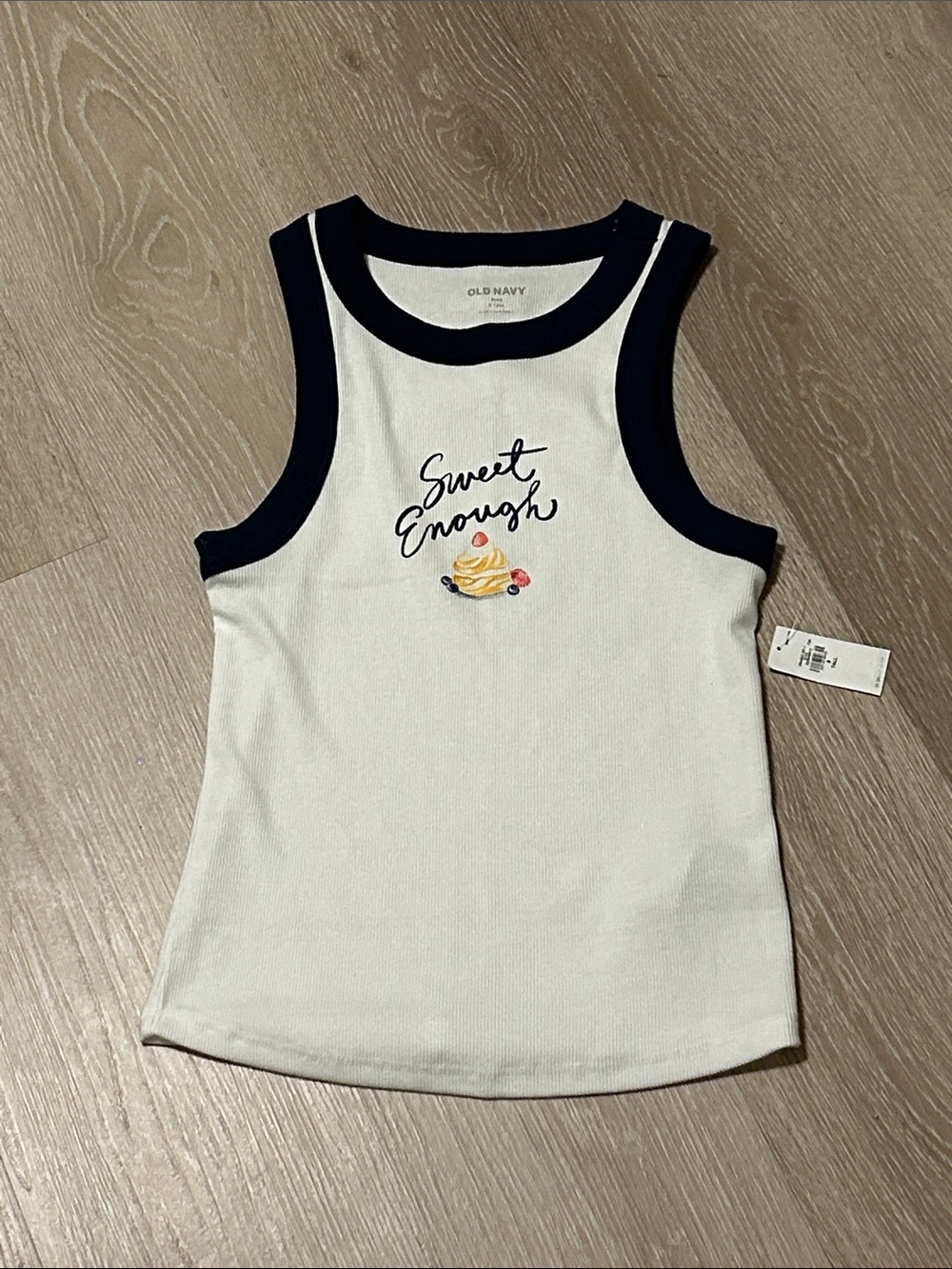 Old Navy White Snug Graphic Navy Trimmed Tank Top "Sweet Enough" Sz Small/Tall